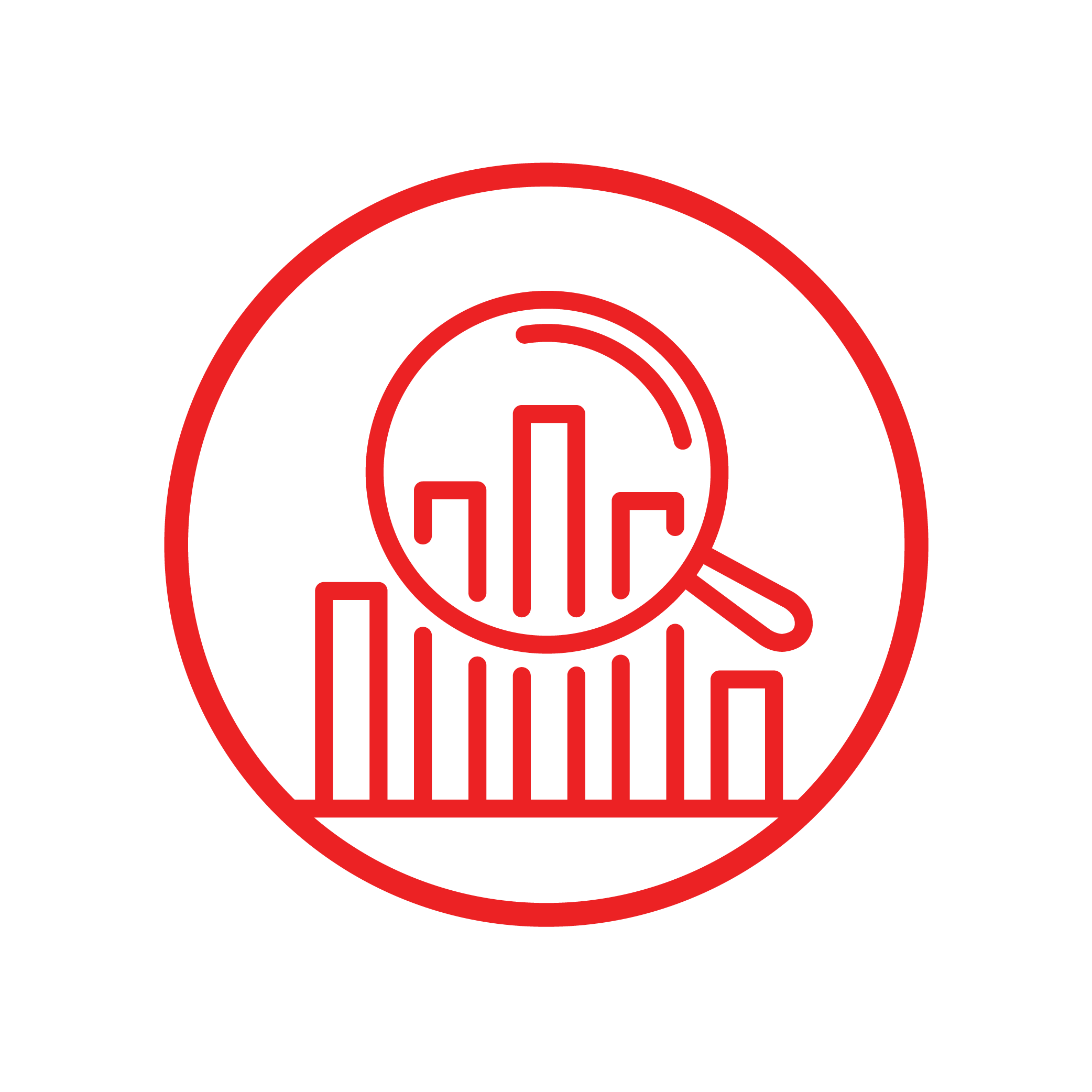 A logo of a graph and magnifying glass Description automatically generated