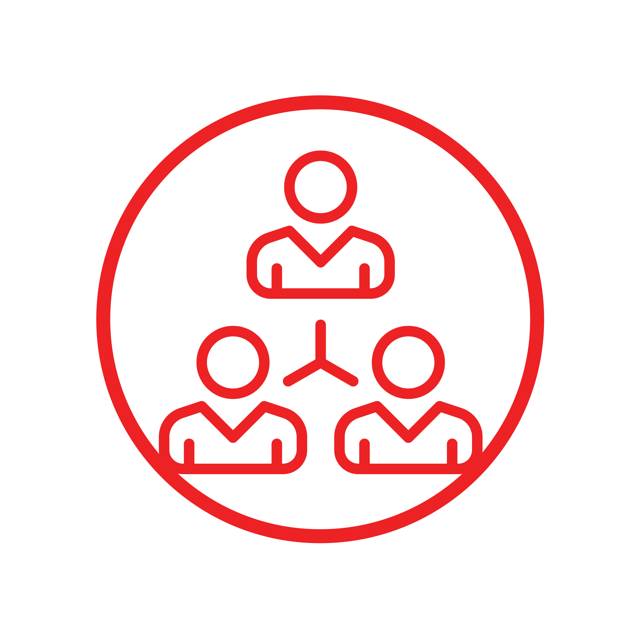 A red line drawing of people in a circle Description automatically generated